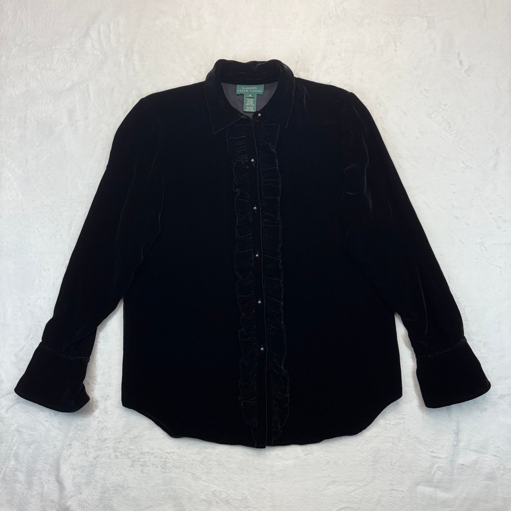 Lauren Ralph Lauren Black Silk Blend Velvet Ruffle Front Blouse Medium VTG Y2K